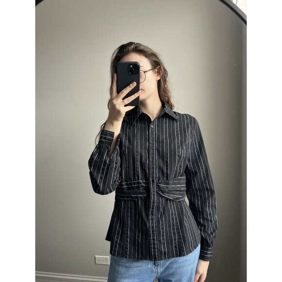 Apt. 9 Black & White Pinstripe Button Down Shirt Size M – Fitted Office Siren Bl - Picture 4 of 7